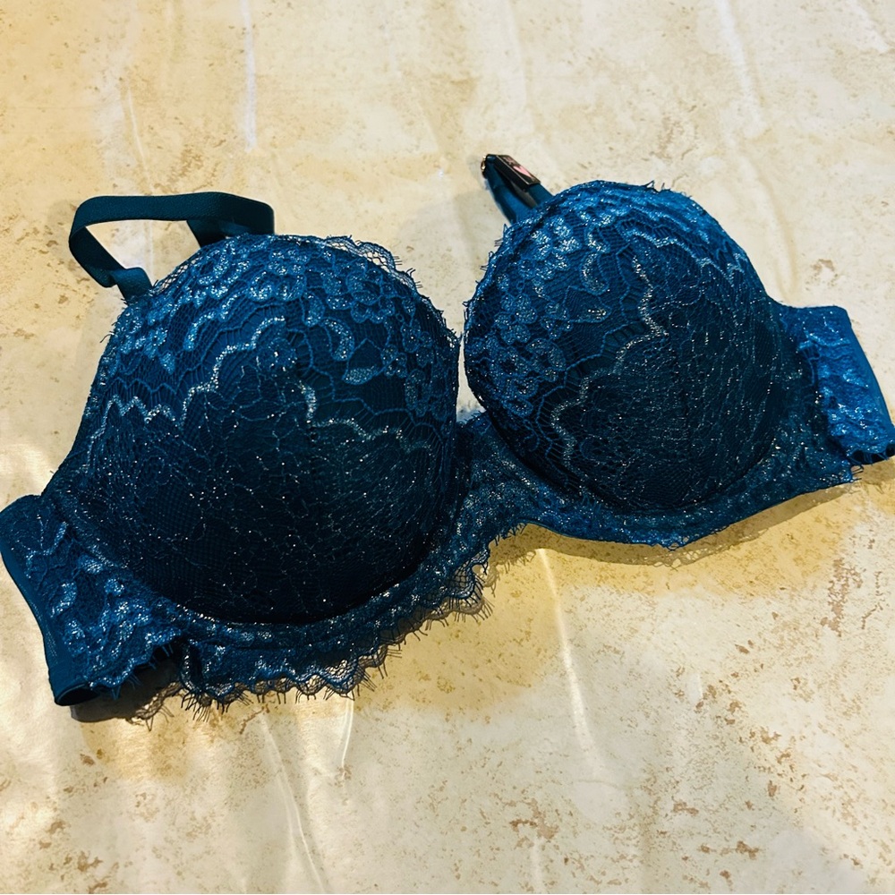 NWT Victoria's Secret size 34C Dream Angels Lined Demi Push Up Bra In blue lace